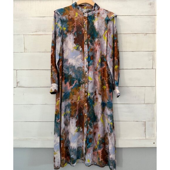 SIZE 8 ICHI Womens 36 Multicolor Dyed Midi Button Front Long Sleeve Shirt Dress - Picture 2 of 9